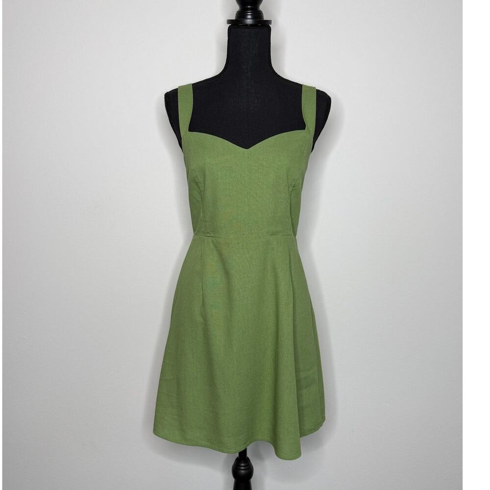 Green Linen Blend Mini Dress | Smocked Back Summer Dress | Size M